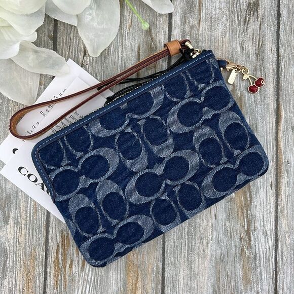 Coach Corner Zip Wristlet In Signature Denim Wallet Bag Purse With Cherry Charm - Picture 7 of 10